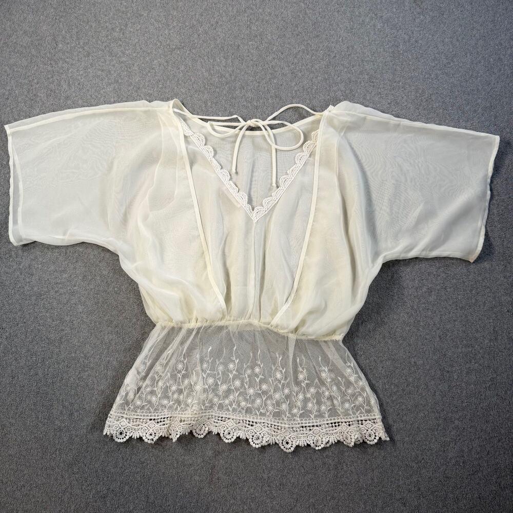 Tea N Rose Los Angeles Womens Medium Cream Sheer Lace Embroidered Peplum Top